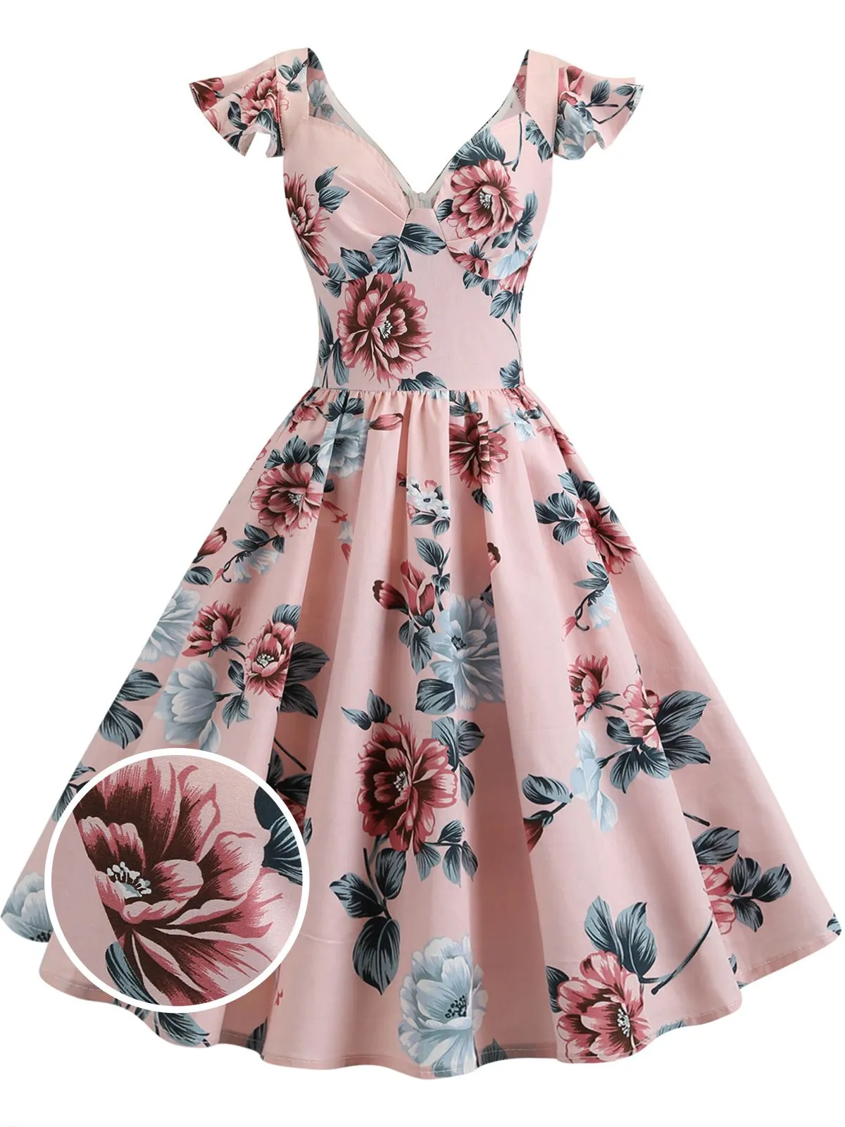 1950s Floral Flare Sleeve Swing Dress