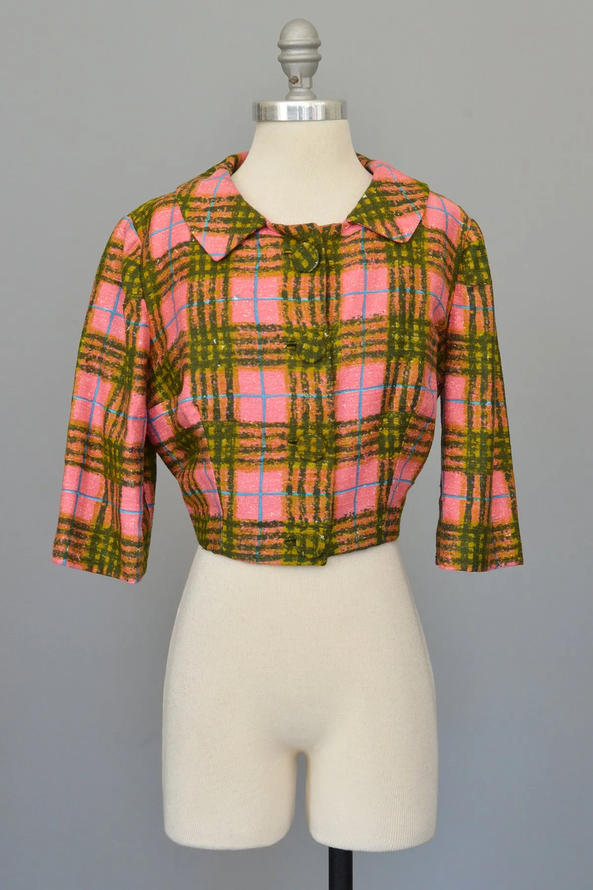 1950s Hot Pink   Olive Green Plaid Bolero Blazer