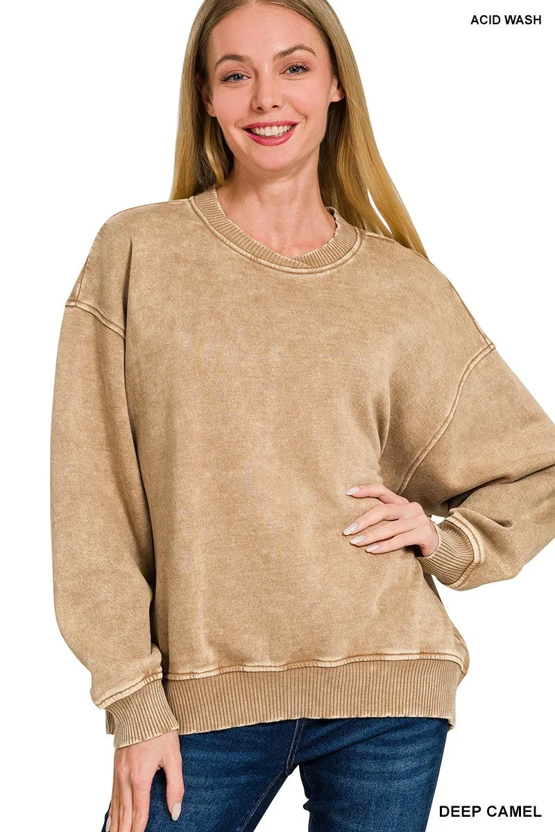 Acid Wash Oversized Fleece Pullover | ZENANA - Final Sale