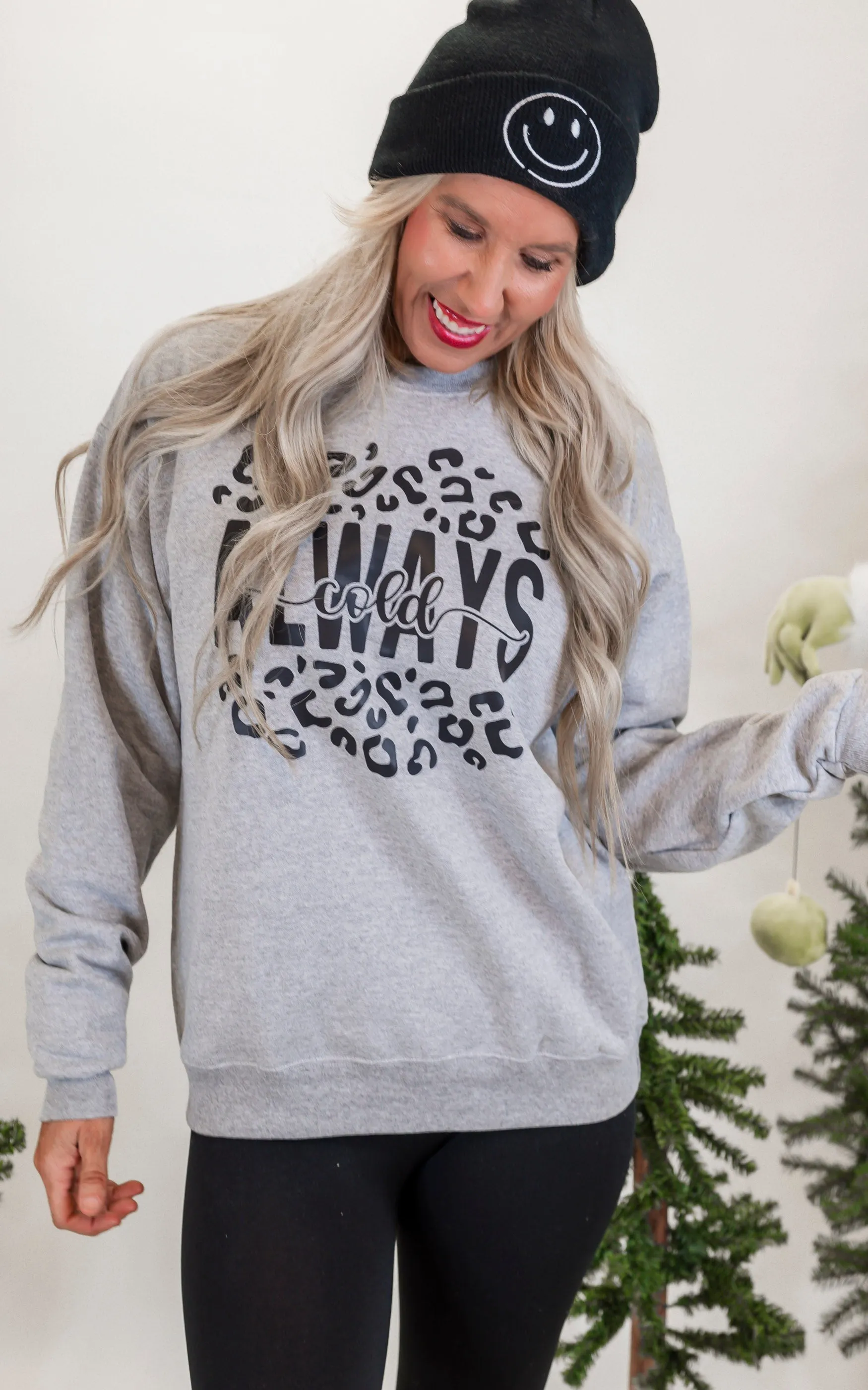 Always Cold Leopard Holiday Graphic Crewneck Sweatshirt