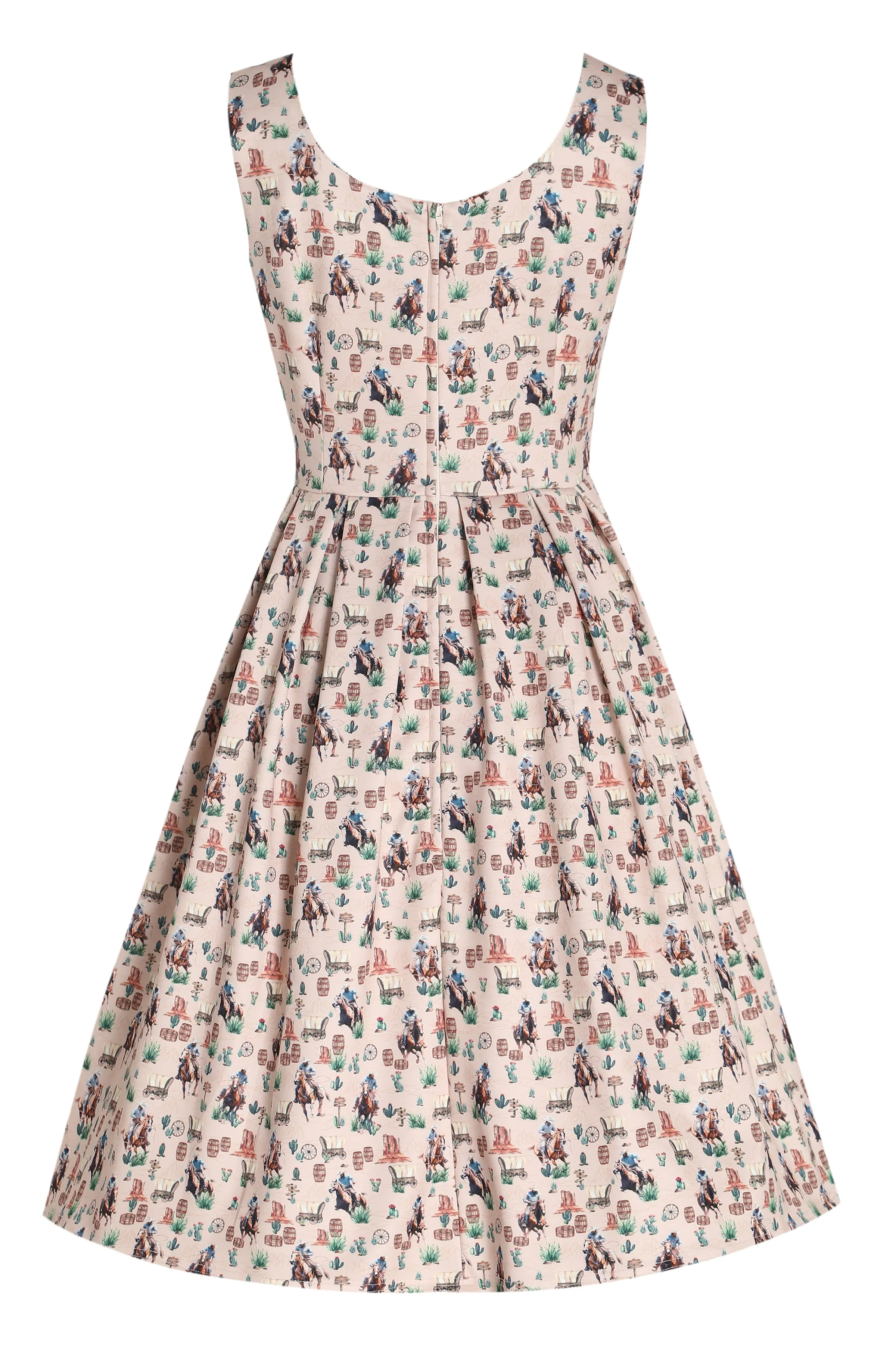 Amanda Beige Cowboy Print Scoop Neck Swing Dress