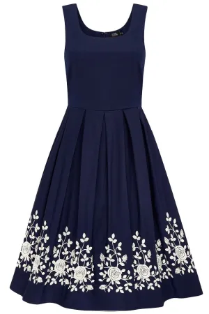 Amanda Embroidered Scoop Neck Swing Dress in Navy Blue-White