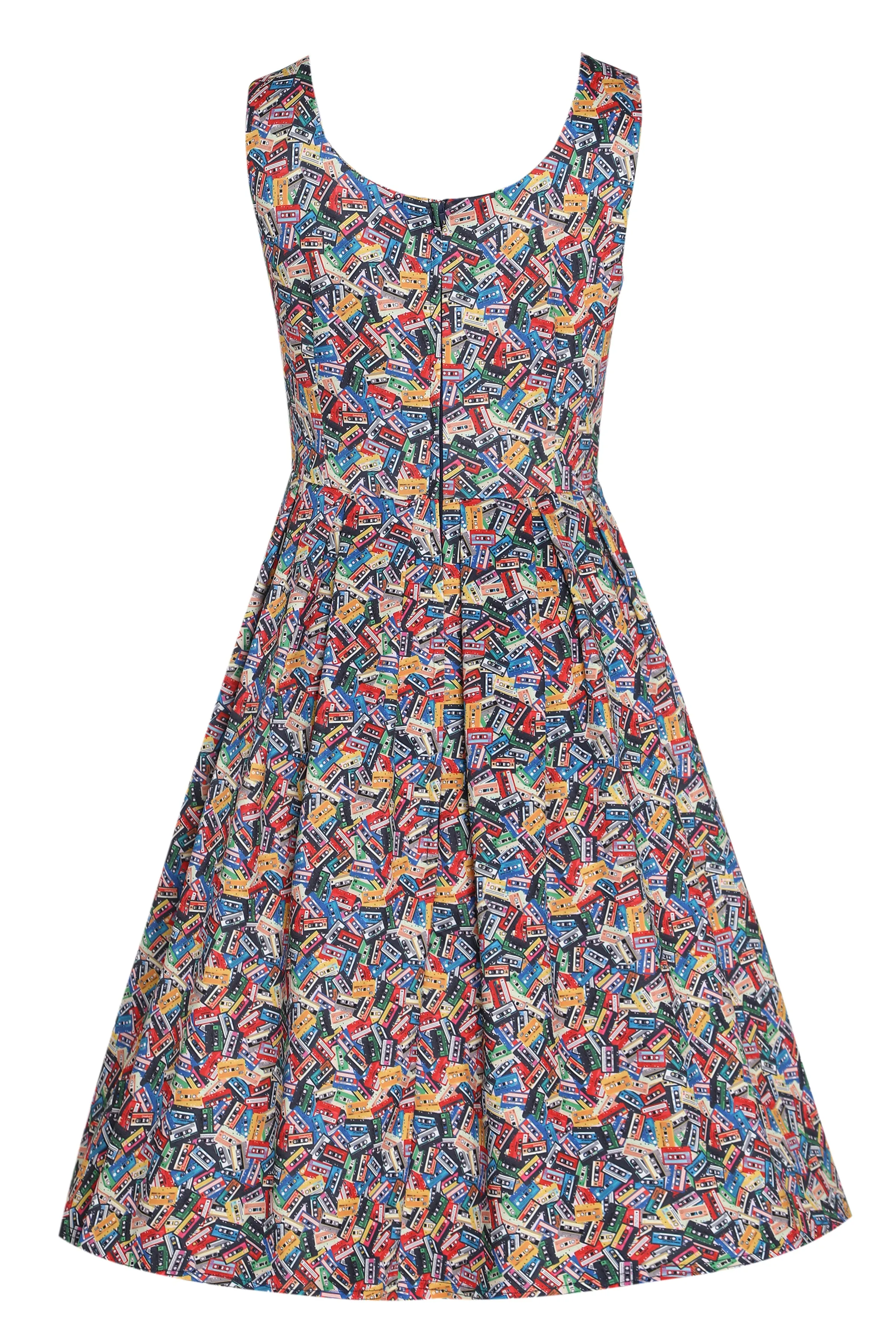 Amanda Multicolor Cassette Tape Print Scoop Neck Swing Dress