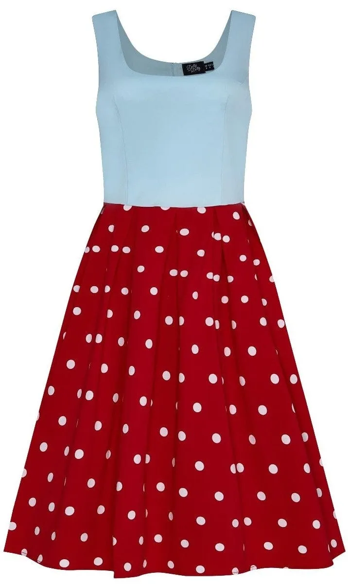 Amanda Scoop Neck Swing Dress in Light Blue & Red with White Polka Dot