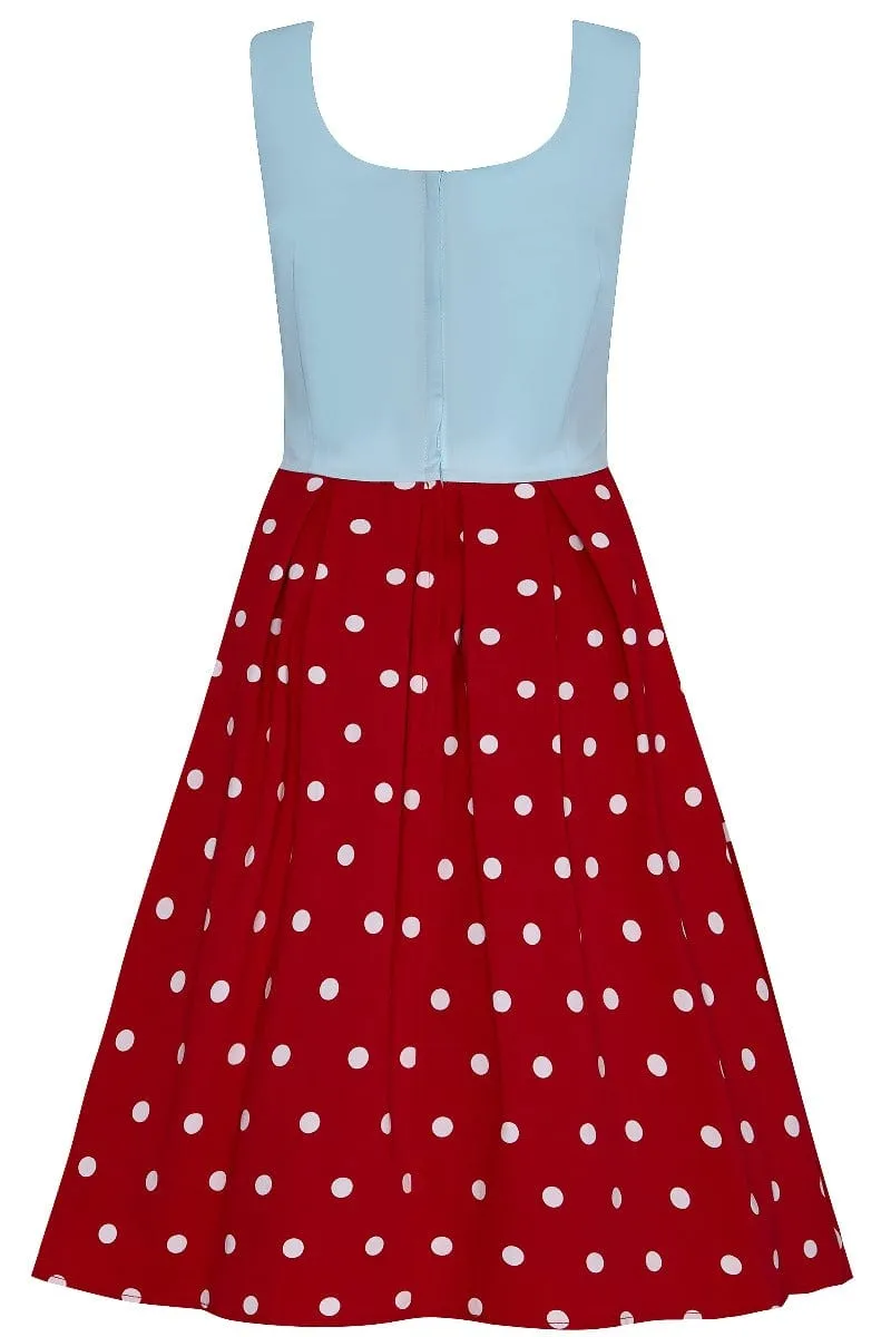 Amanda Scoop Neck Swing Dress in Light Blue & Red with White Polka Dot