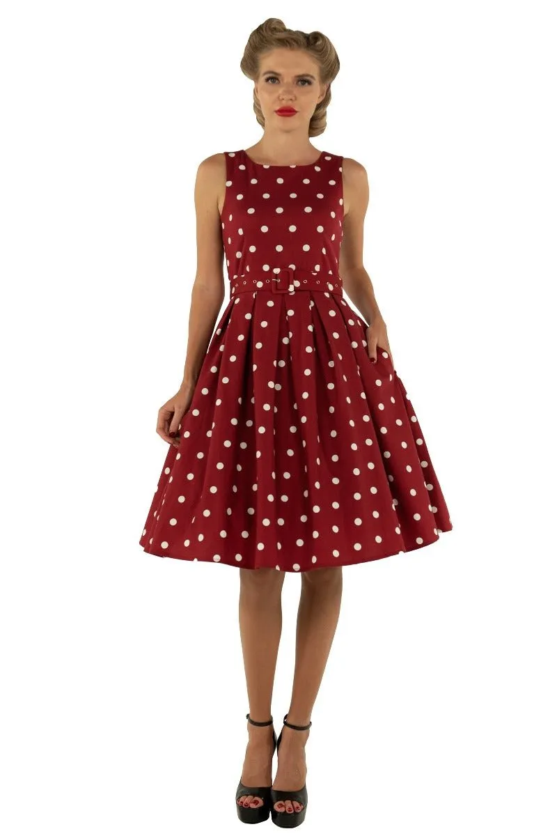 Annie Retro 50's Polka Dot Dress In Burgundy/White