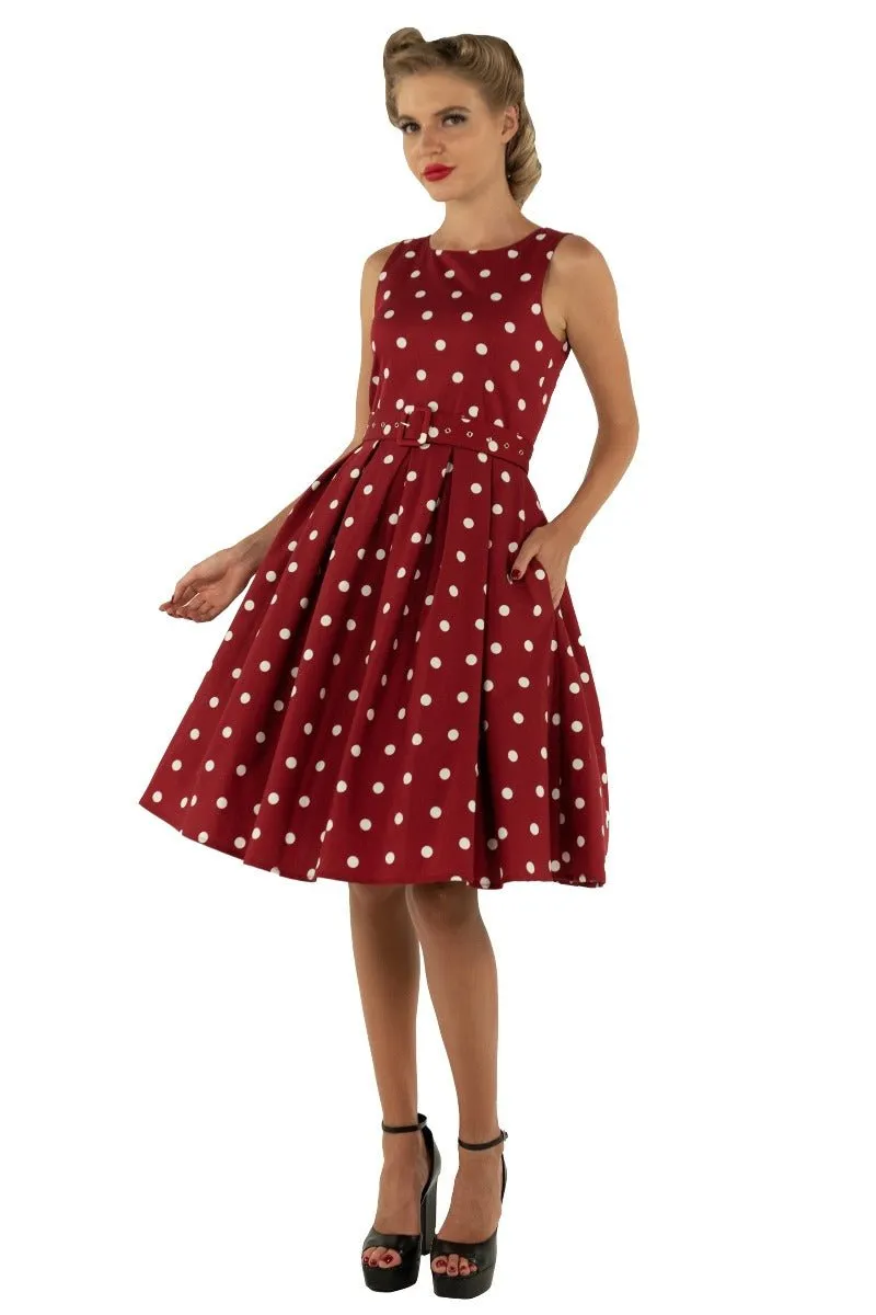 Annie Retro 50's Polka Dot Dress In Burgundy/White