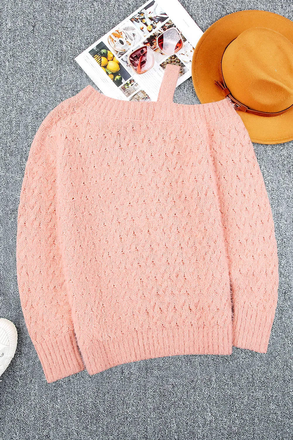 Asymmetric Cut Out Cold Shoulder Eyelash Sweater