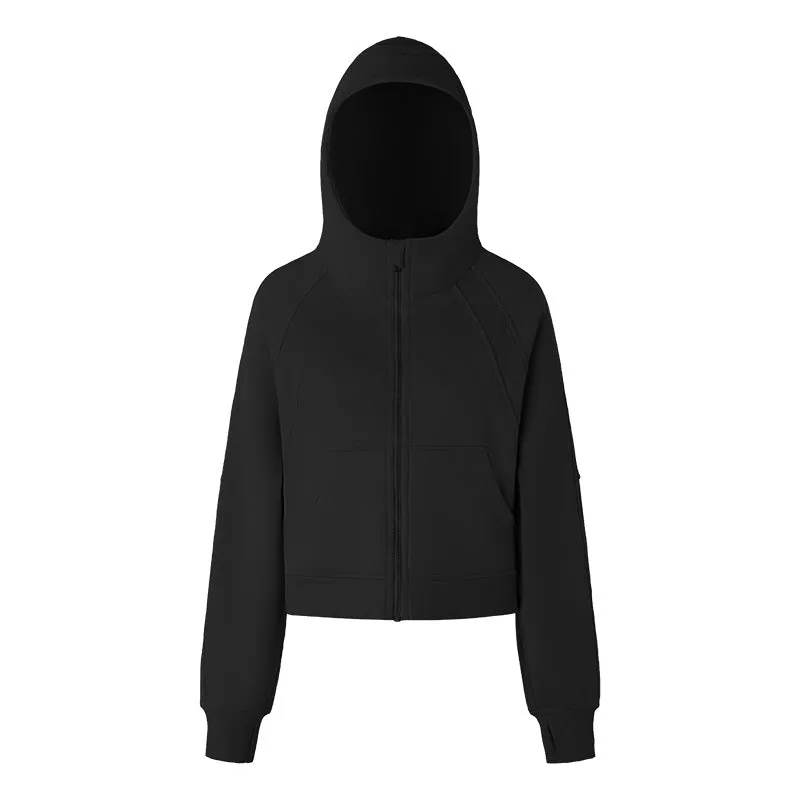 Autumn Winter Warm Brushed Lining Zipper Hooded Sports Jacket Loose Yoga Casual All Matching Sweater