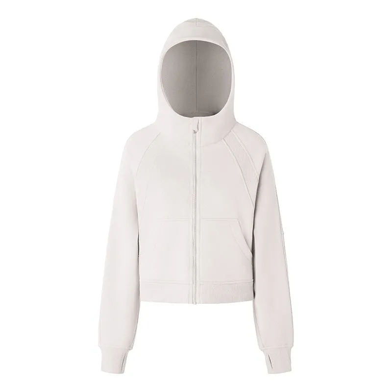 Autumn Winter Warm Brushed Lining Zipper Hooded Sports Jacket Loose Yoga Casual All Matching Sweater