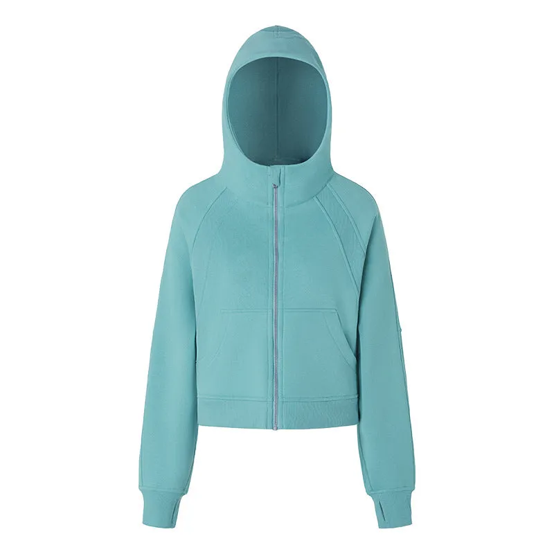 Autumn Winter Warm Brushed Lining Zipper Hooded Sports Jacket Loose Yoga Casual All Matching Sweater