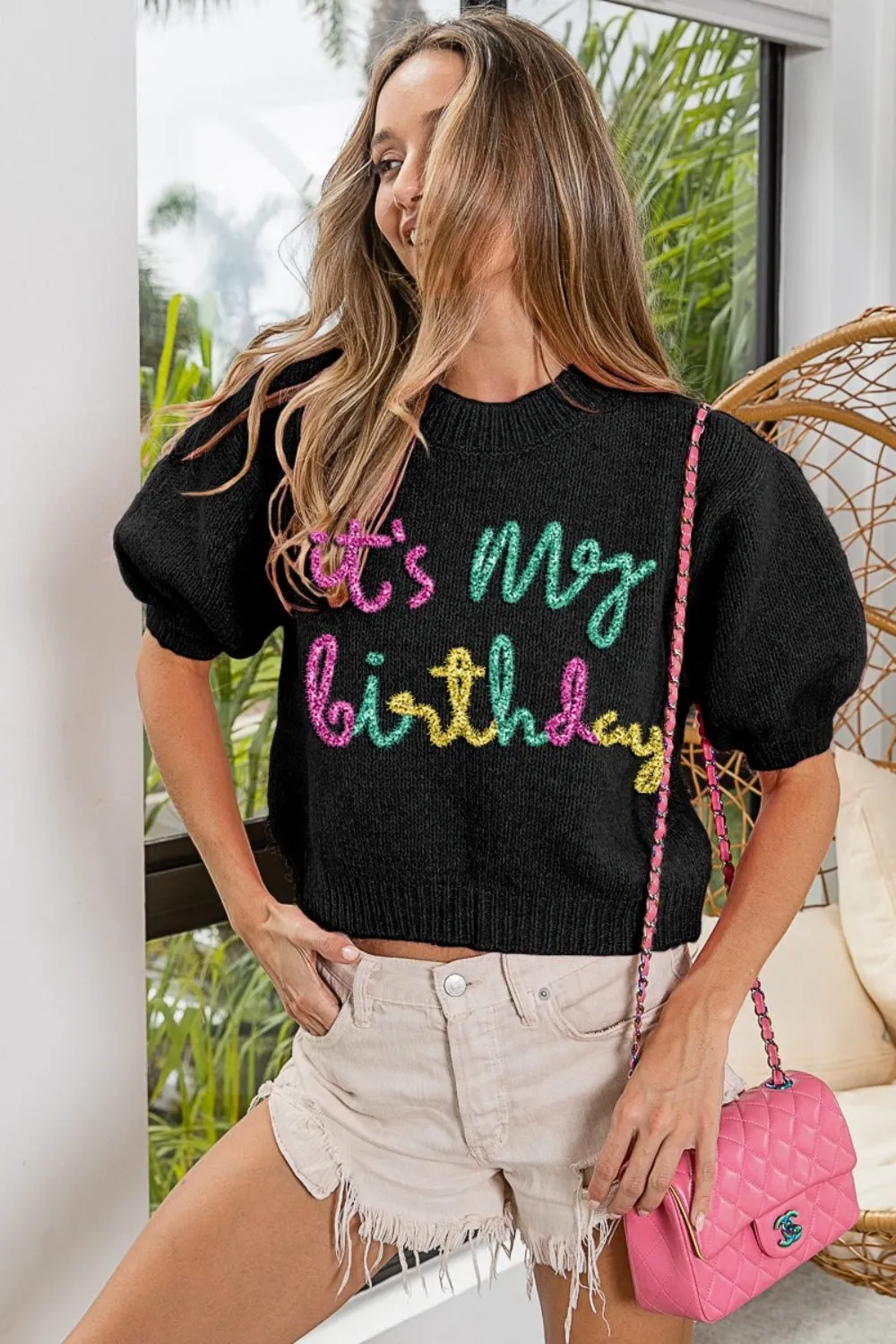 Birthday Metallic Letter Puff Sleeve Hairy Sweater