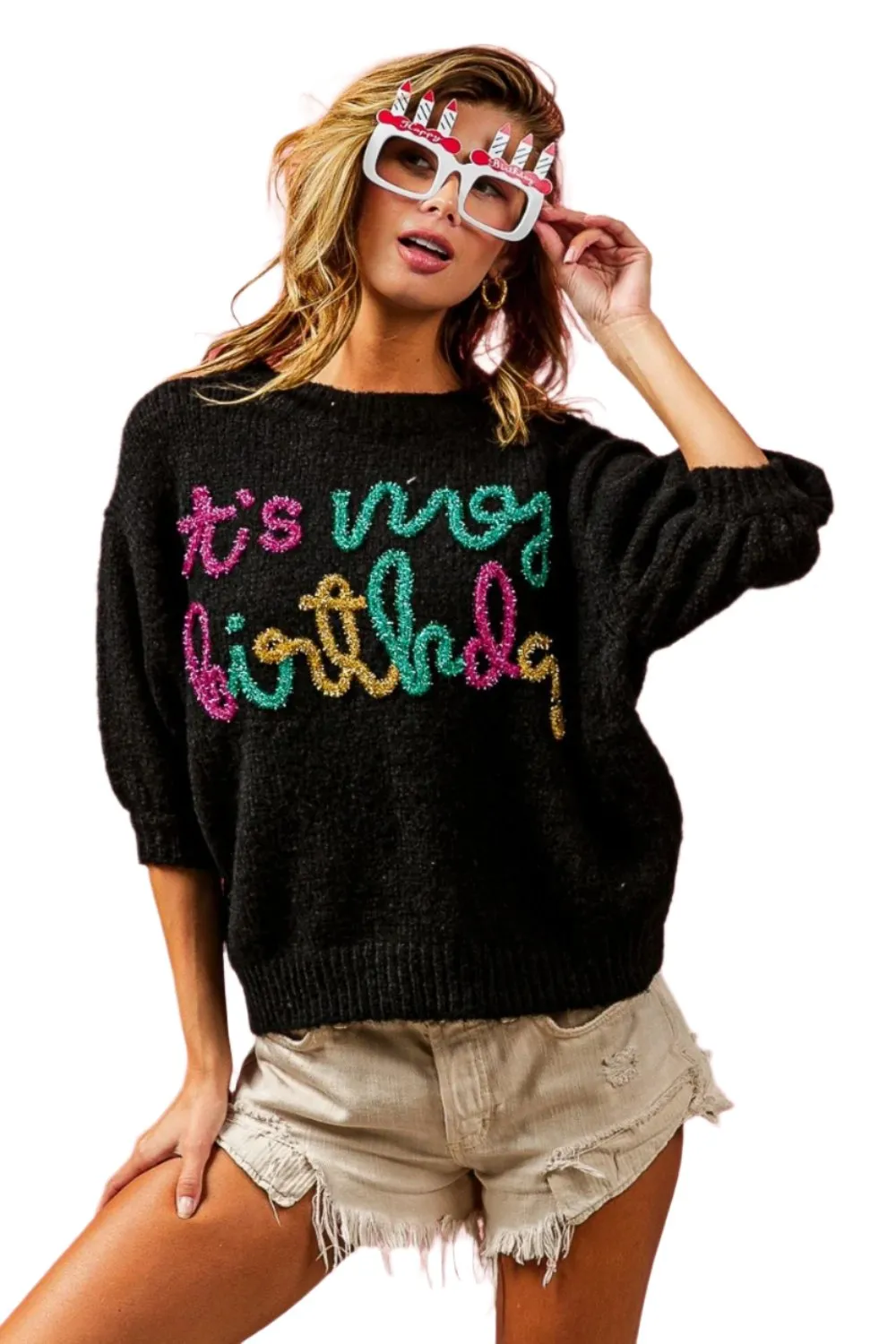 Birthday Metallic Letter Puff Sleeve Hairy Sweater