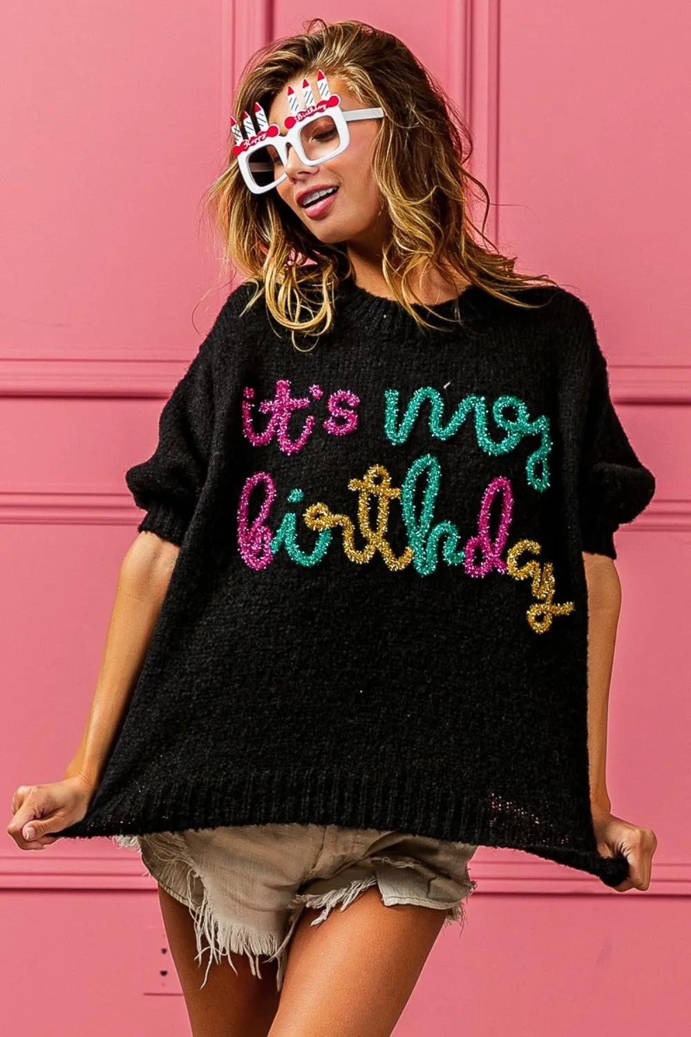 Birthday Metallic Letter Puff Sleeve Hairy Sweater