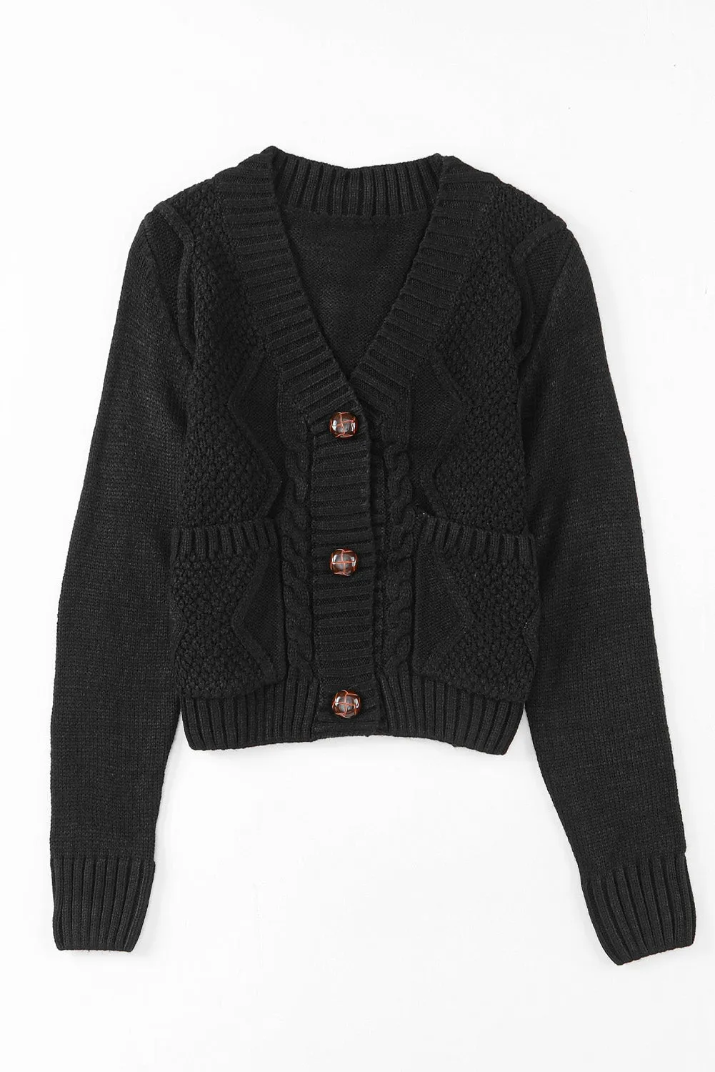 Black Front Pockets Buttons Textured Cardigan