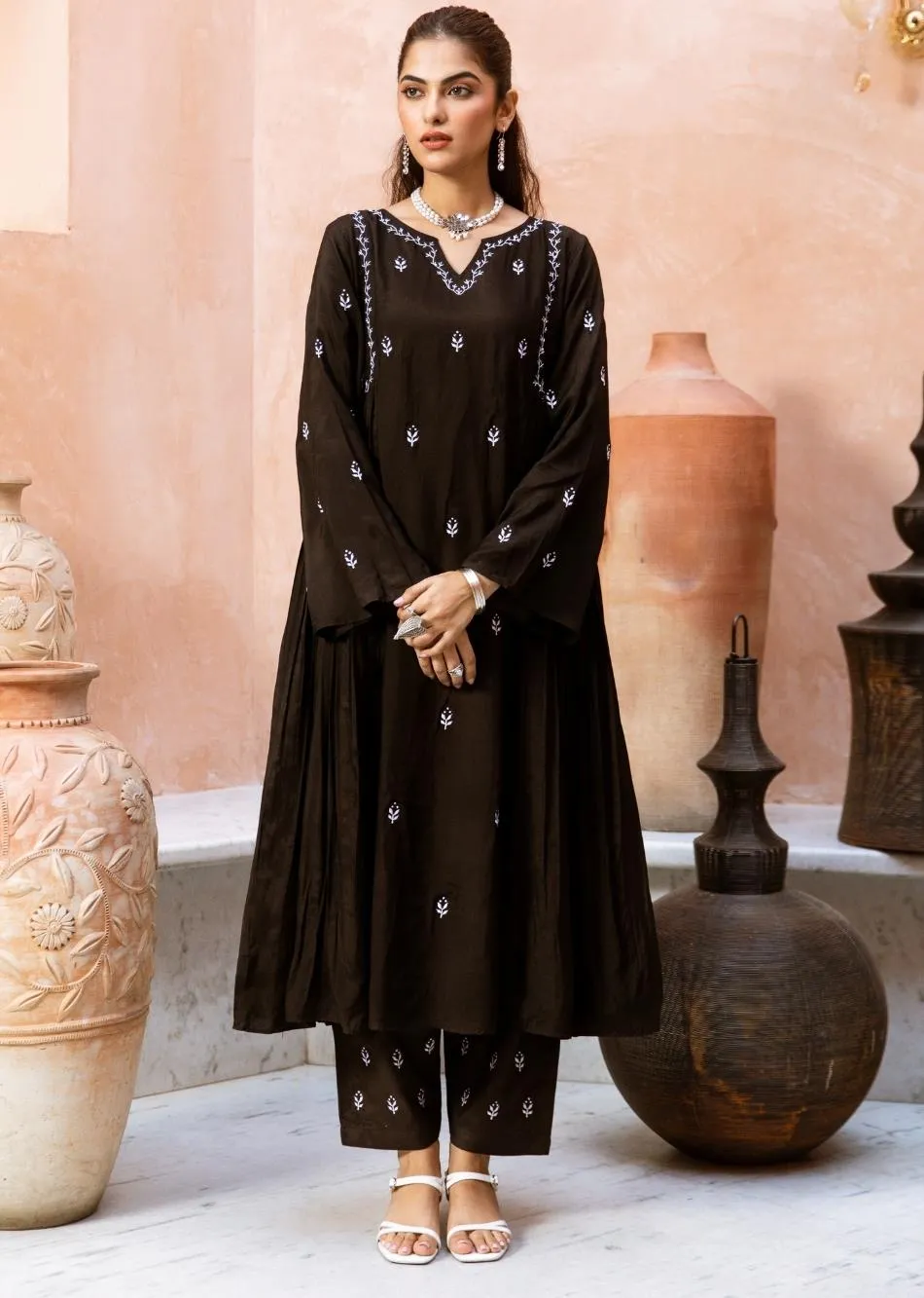 Black Silk Side Gather Anarkali Set