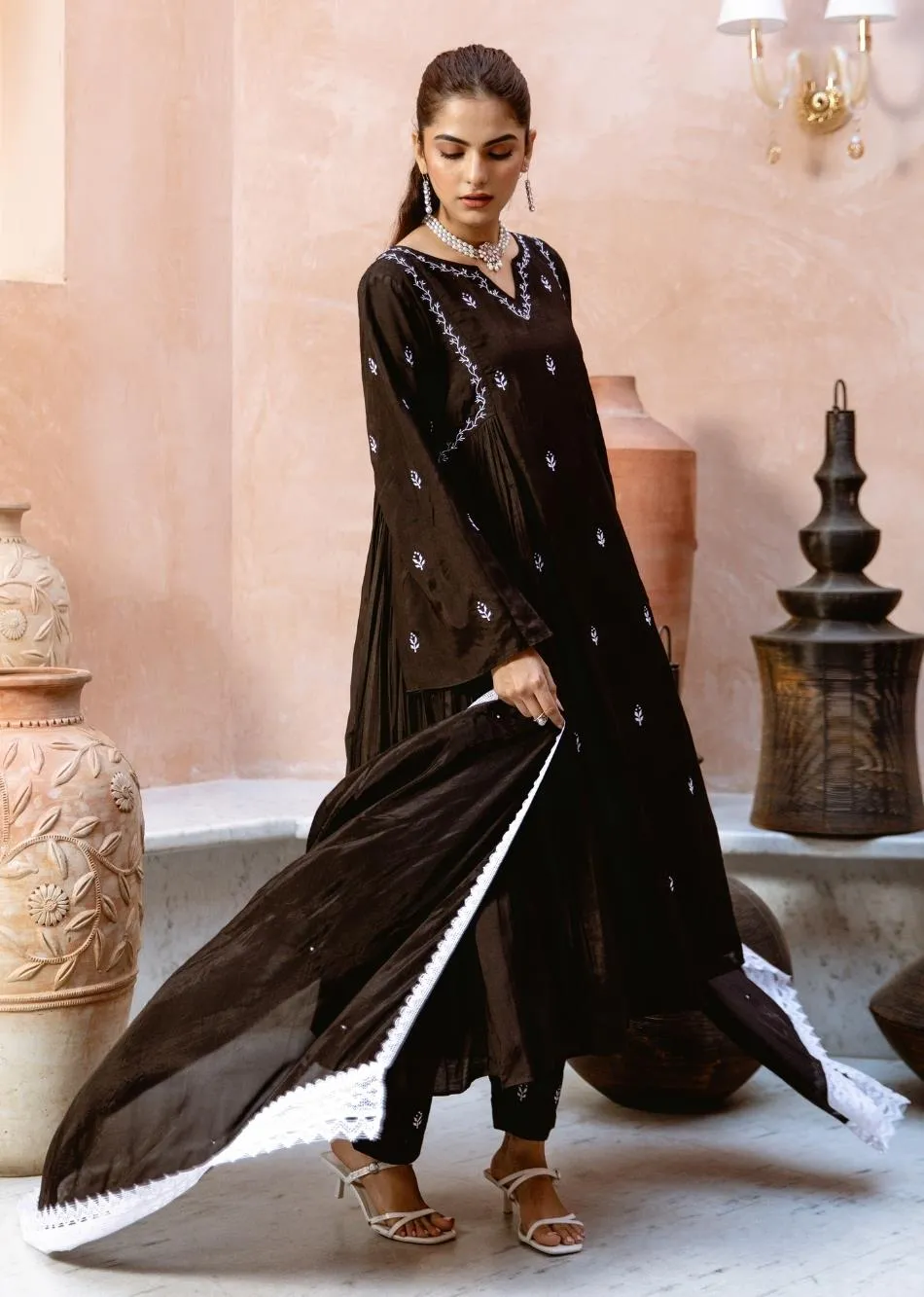 Black Silk Side Gather Anarkali Set