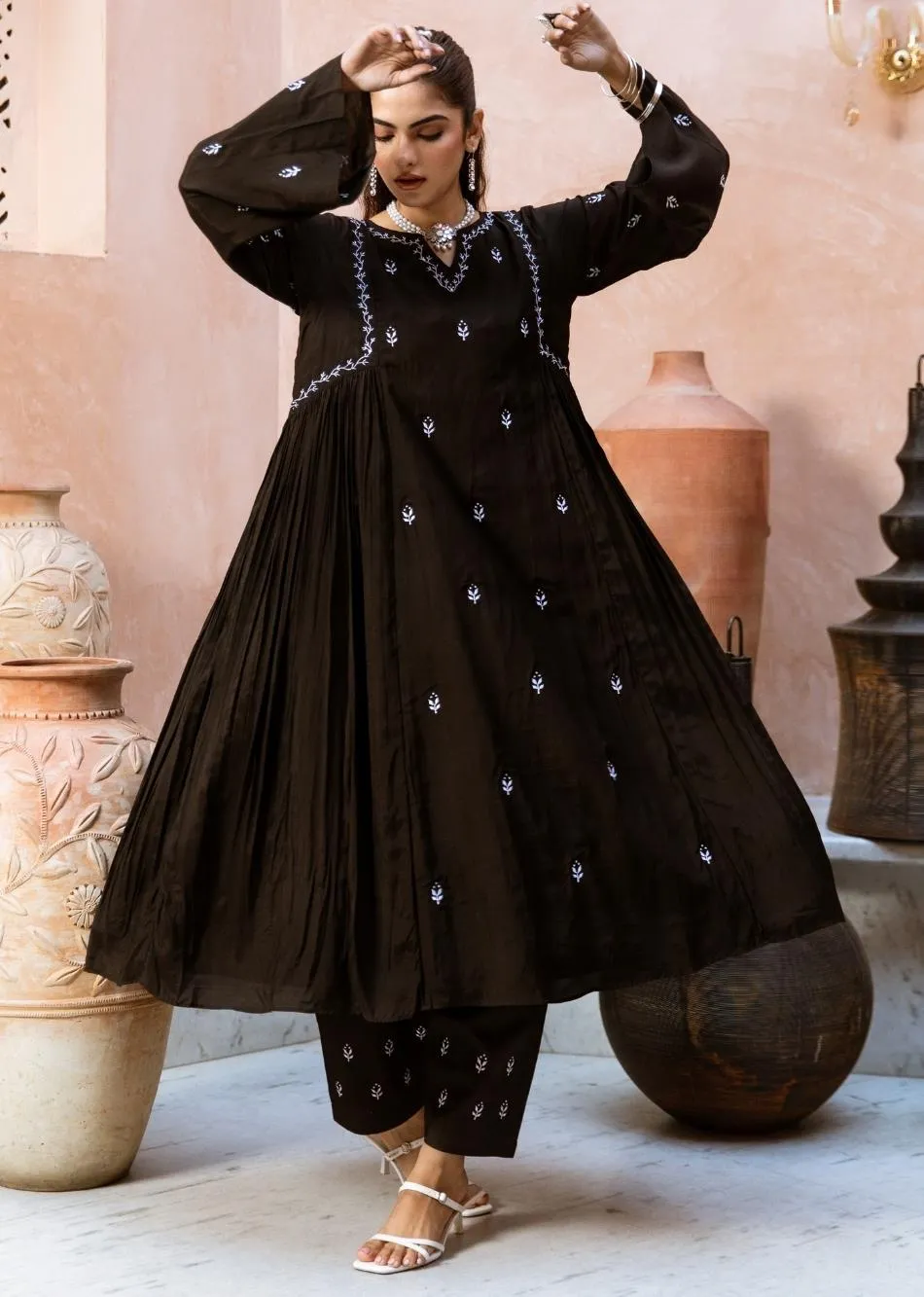 Black Silk Side Gather Anarkali Set