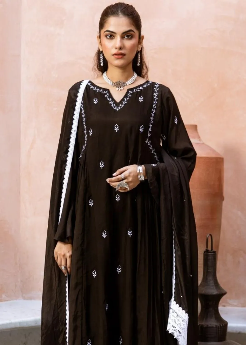 Black Silk Side Gather Anarkali Set