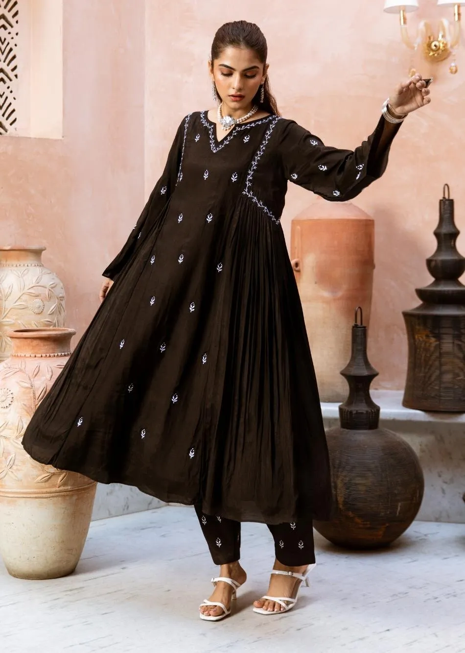 Black Silk Side Gather Anarkali Set