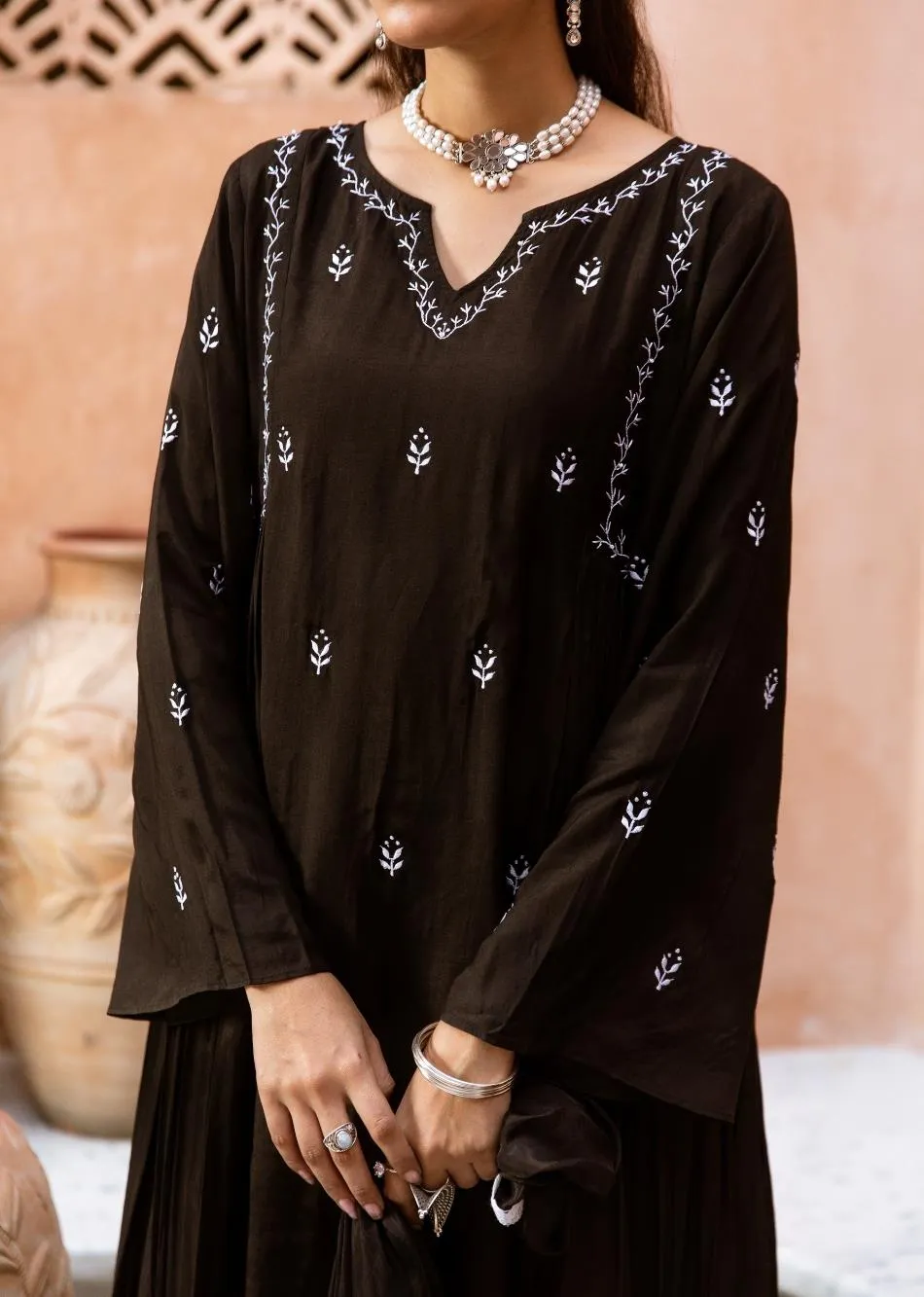 Black Silk Side Gather Anarkali Set