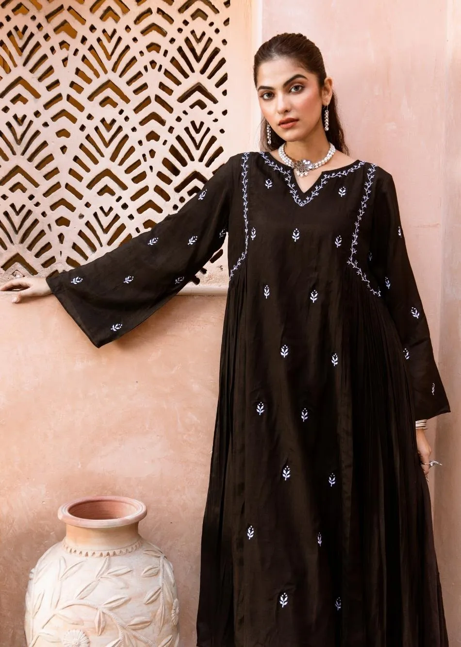 Black Silk Side Gather Anarkali Set