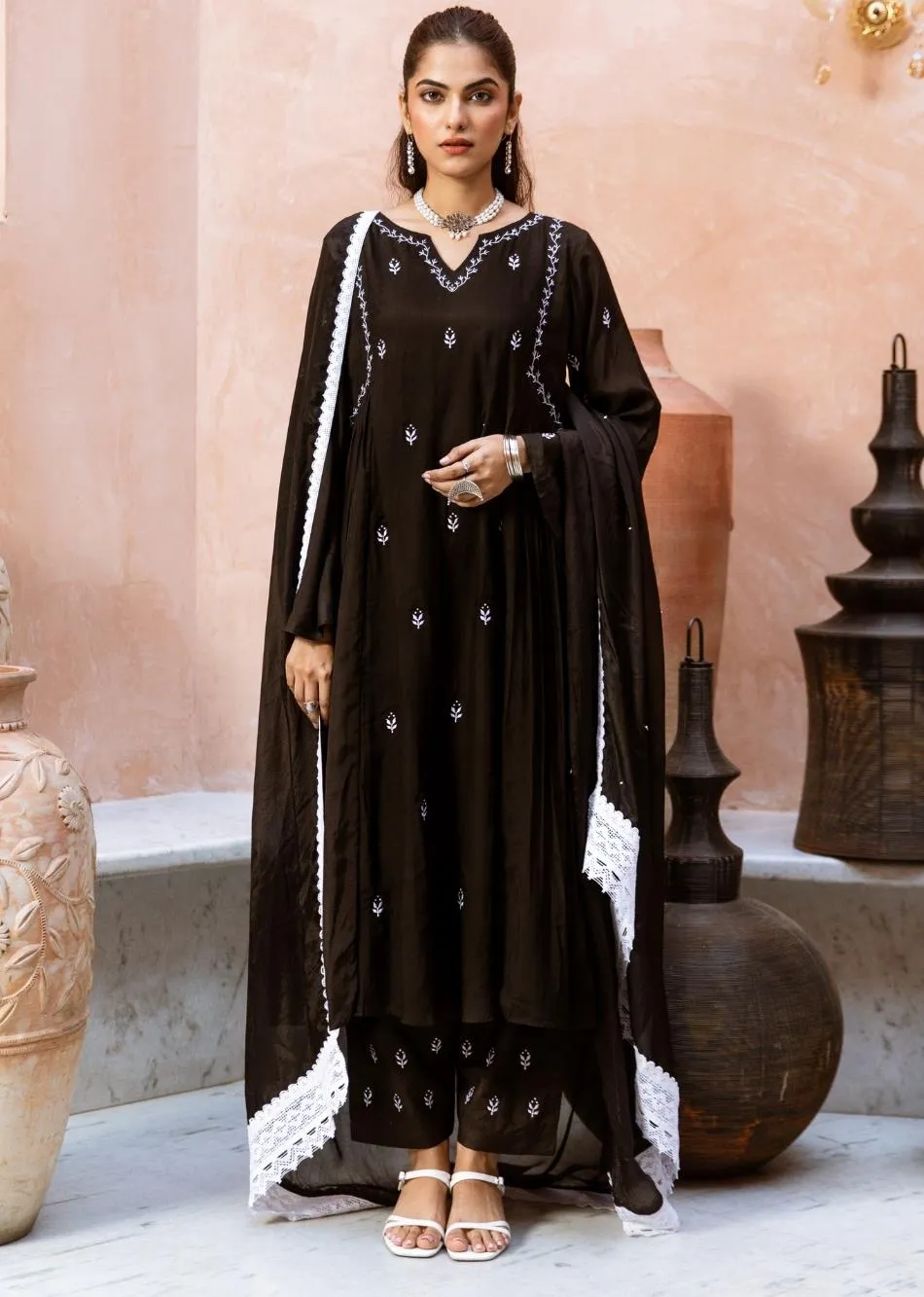 Black Silk Side Gather Anarkali Set