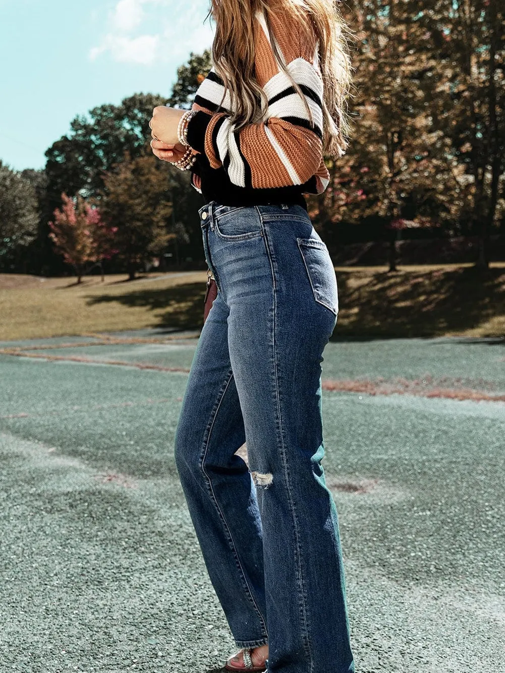 Blue Distressed High-Waisted Straight Leg Jeans