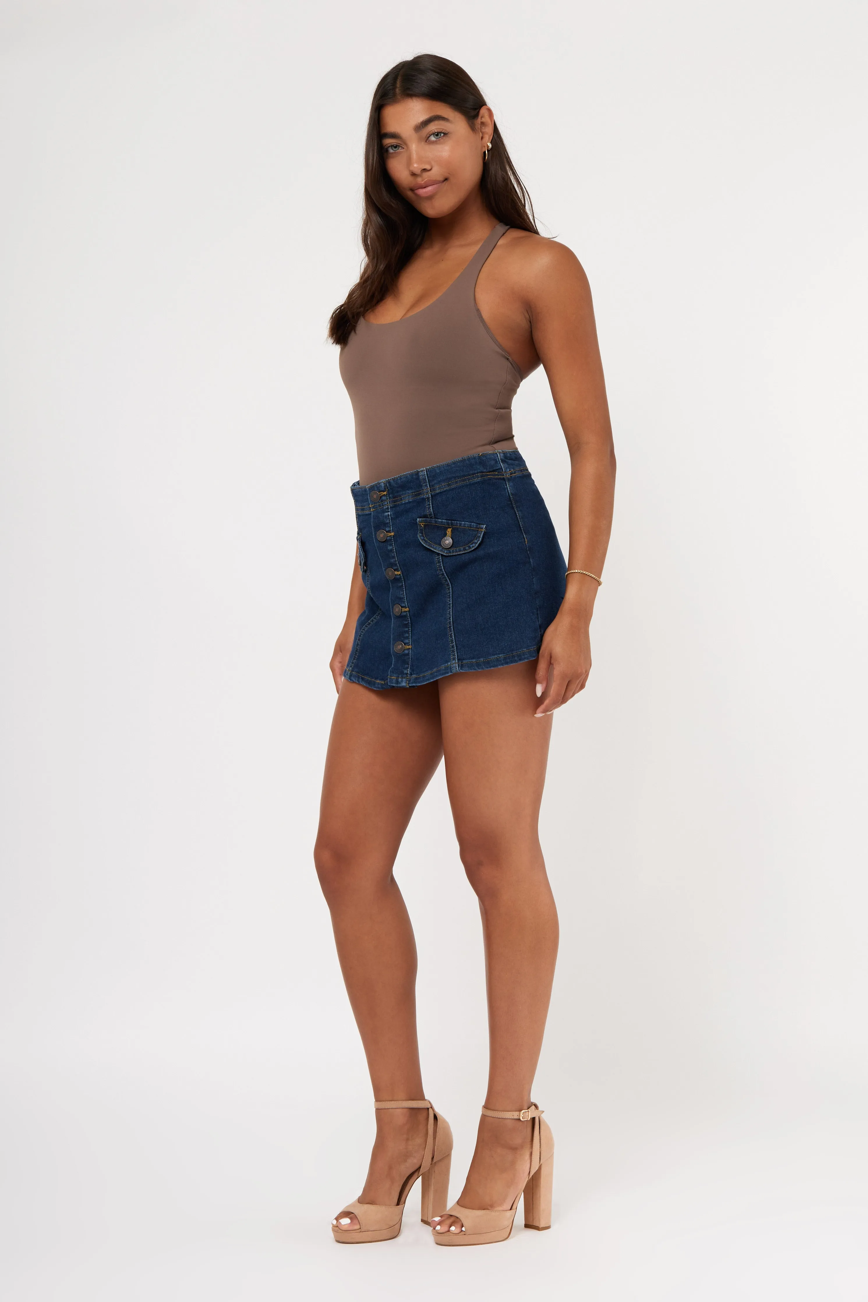 Button Front Flap Pocket Denim Skort