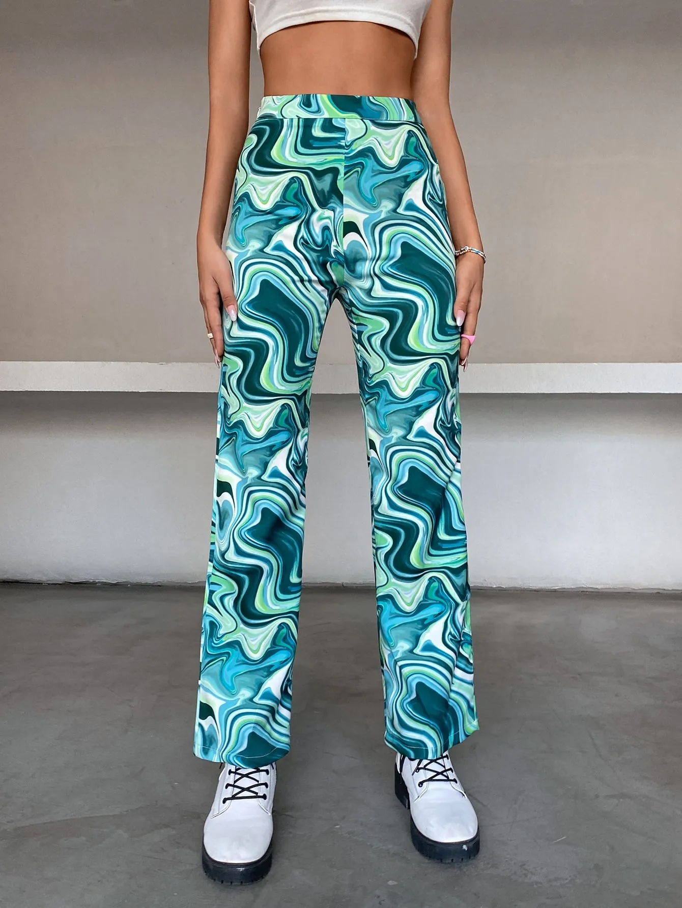 Casual Marble High Waist Long Women Pants