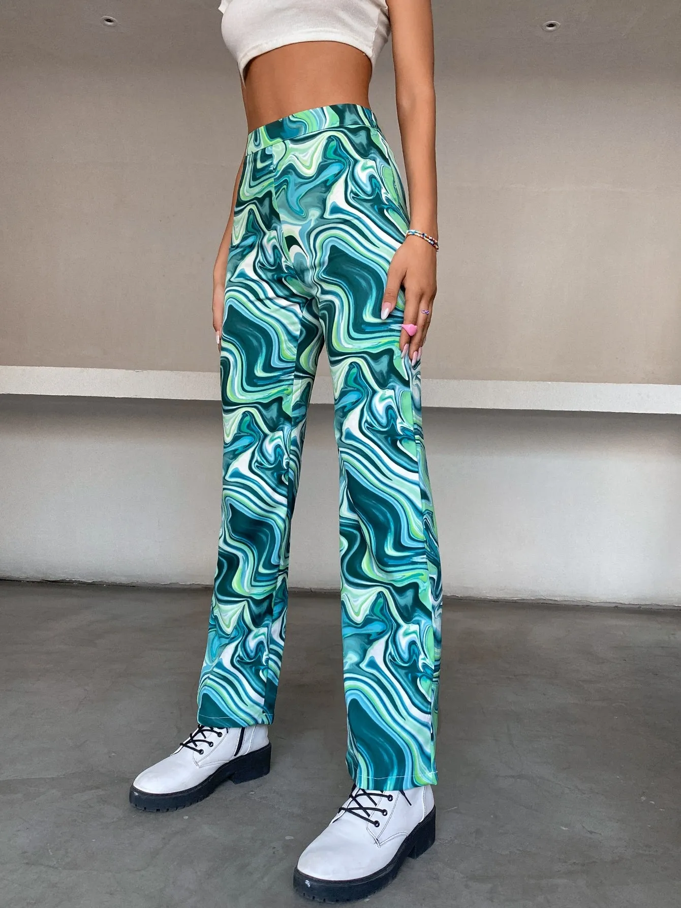 Casual Marble High Waist Long Women Pants