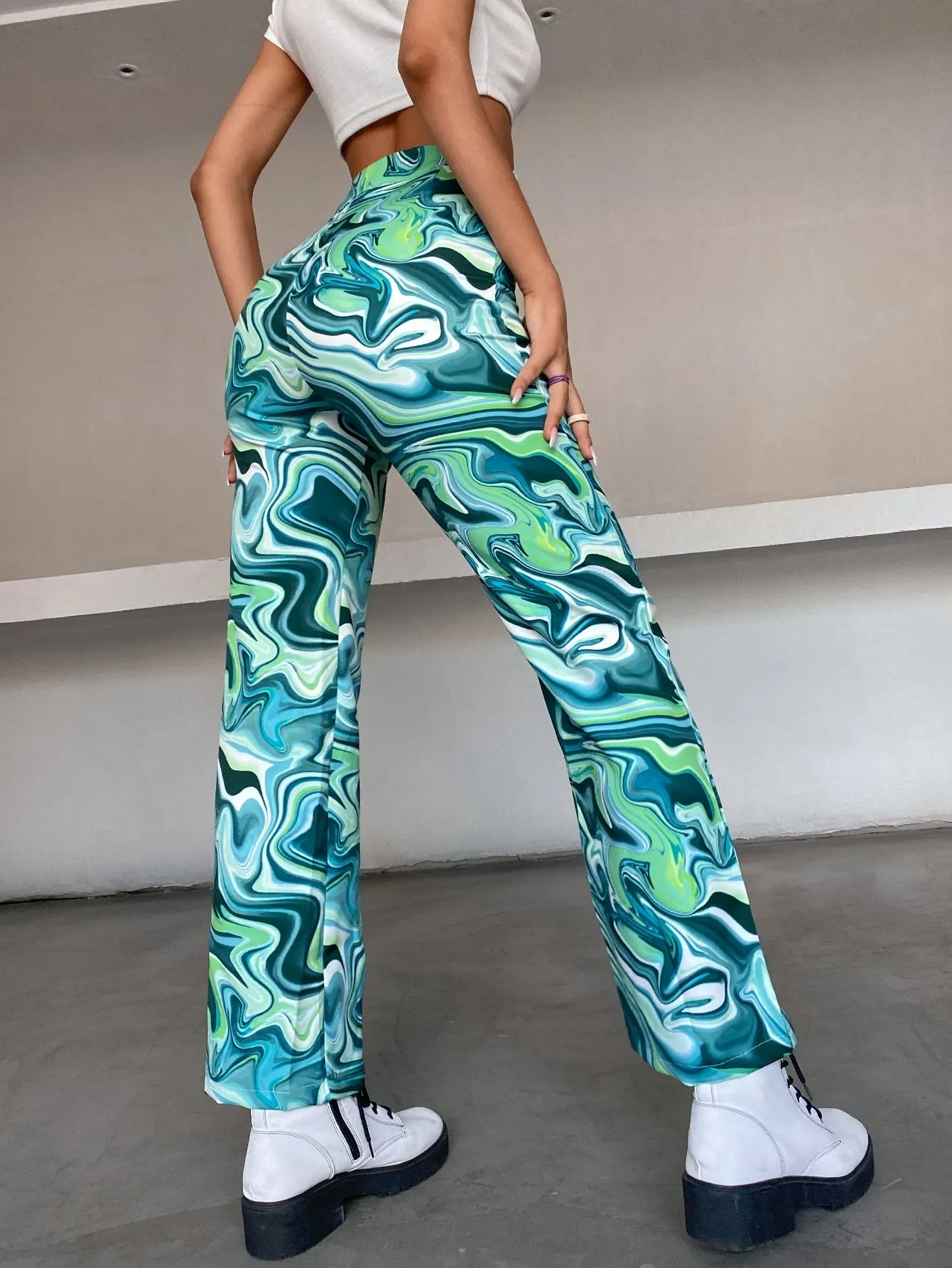 Casual Marble High Waist Long Women Pants