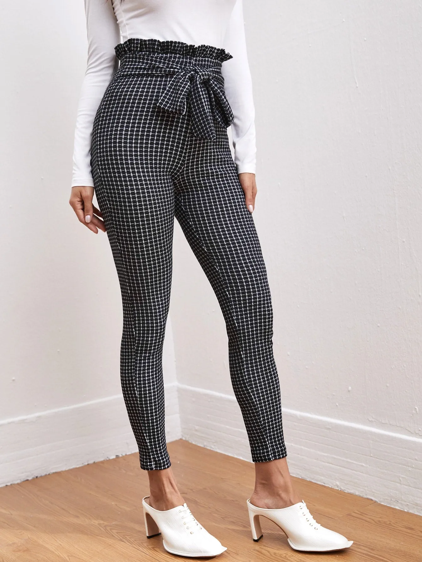 Casual Plaid Paper Bag Waist High Waist Cropped Women Pants