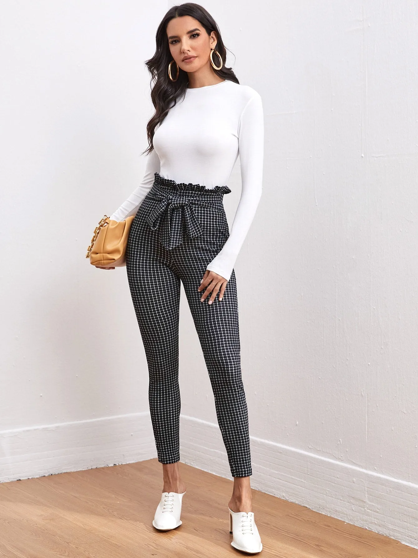 Casual Plaid Paper Bag Waist High Waist Cropped Women Pants