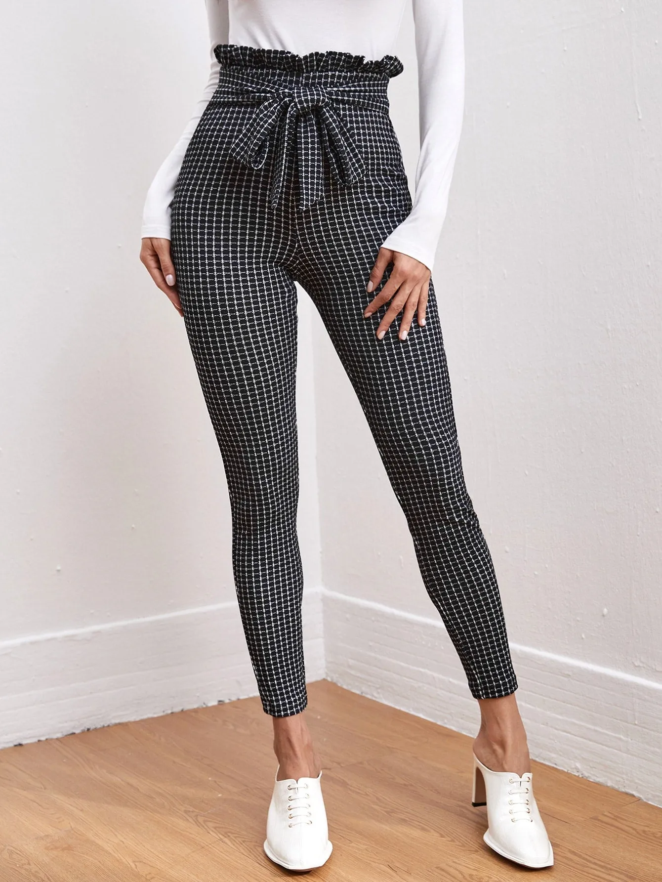 Casual Plaid Paper Bag Waist High Waist Cropped Women Pants