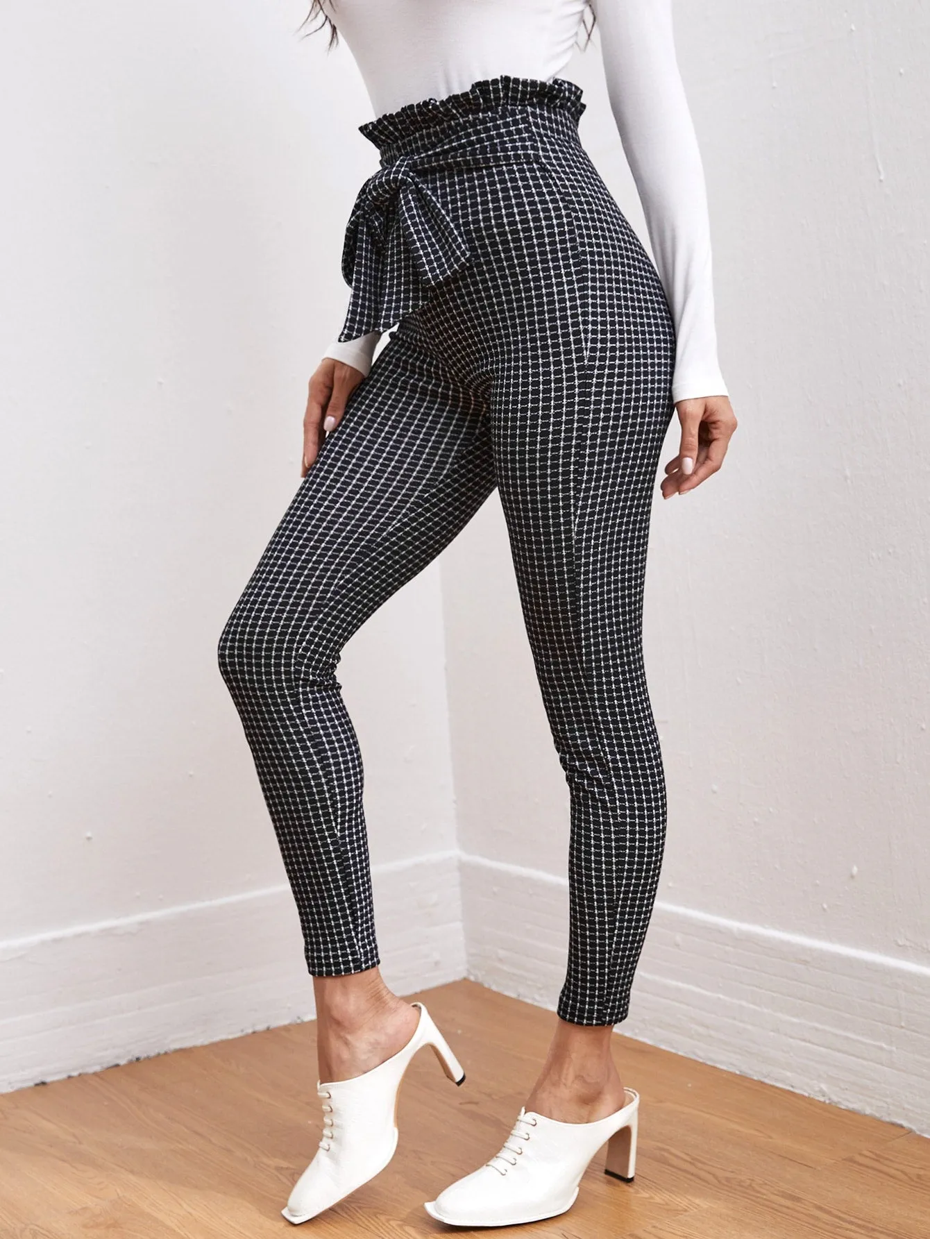 Casual Plaid Paper Bag Waist High Waist Cropped Women Pants