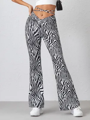 Casual Zebra Stripe Tie Back Drop Waist Long Women Pants