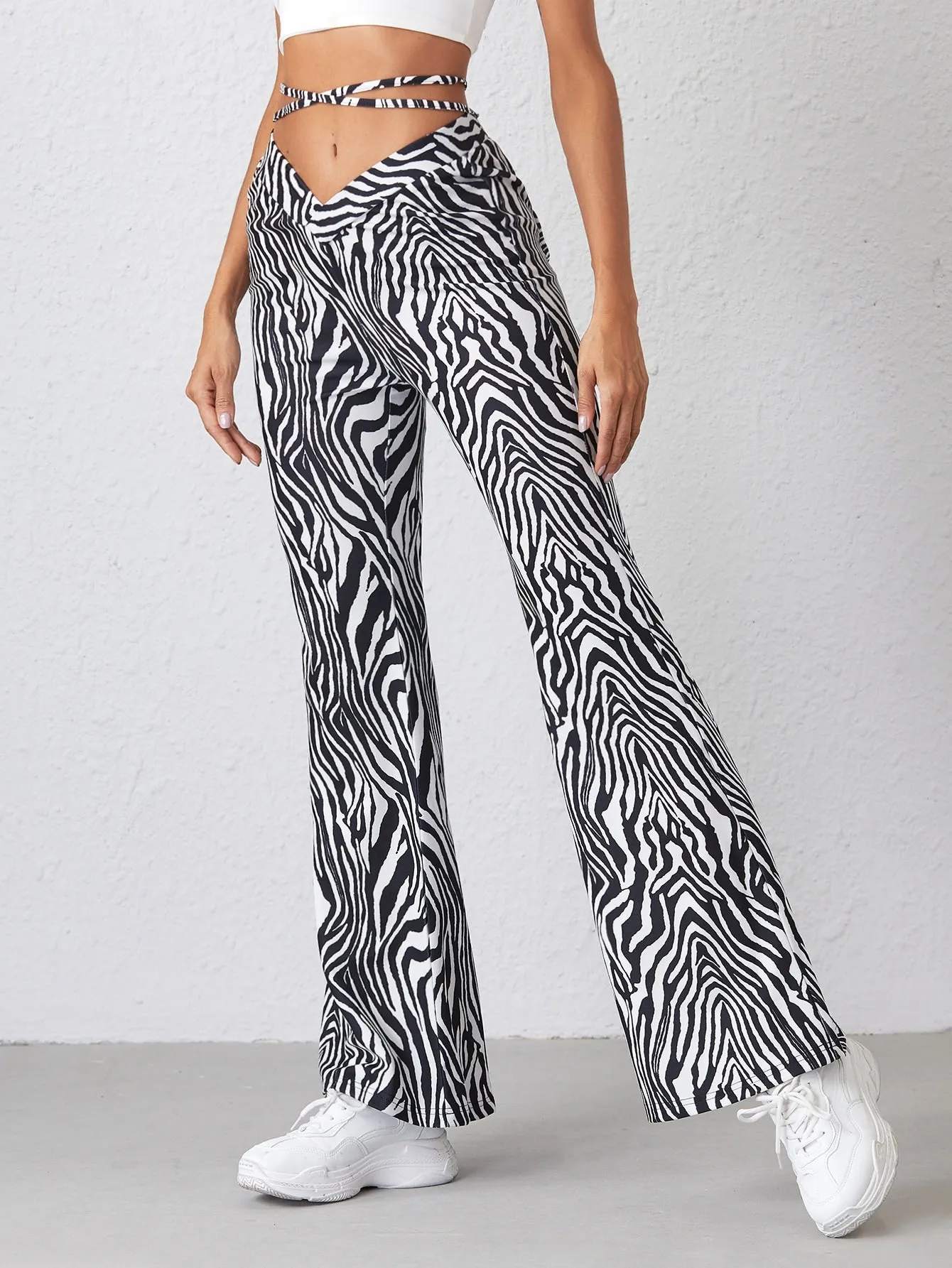 Casual Zebra Stripe Tie Back Drop Waist Long Women Pants