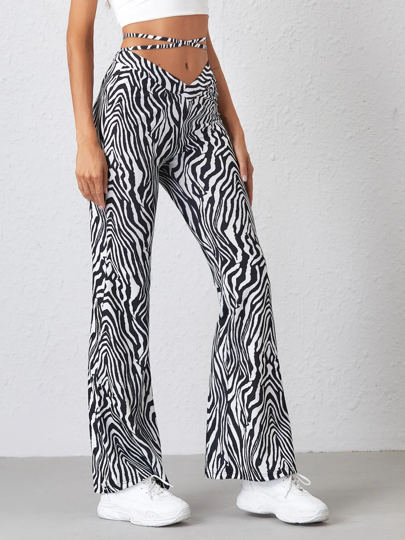 Casual Zebra Stripe Tie Back Drop Waist Long Women Pants