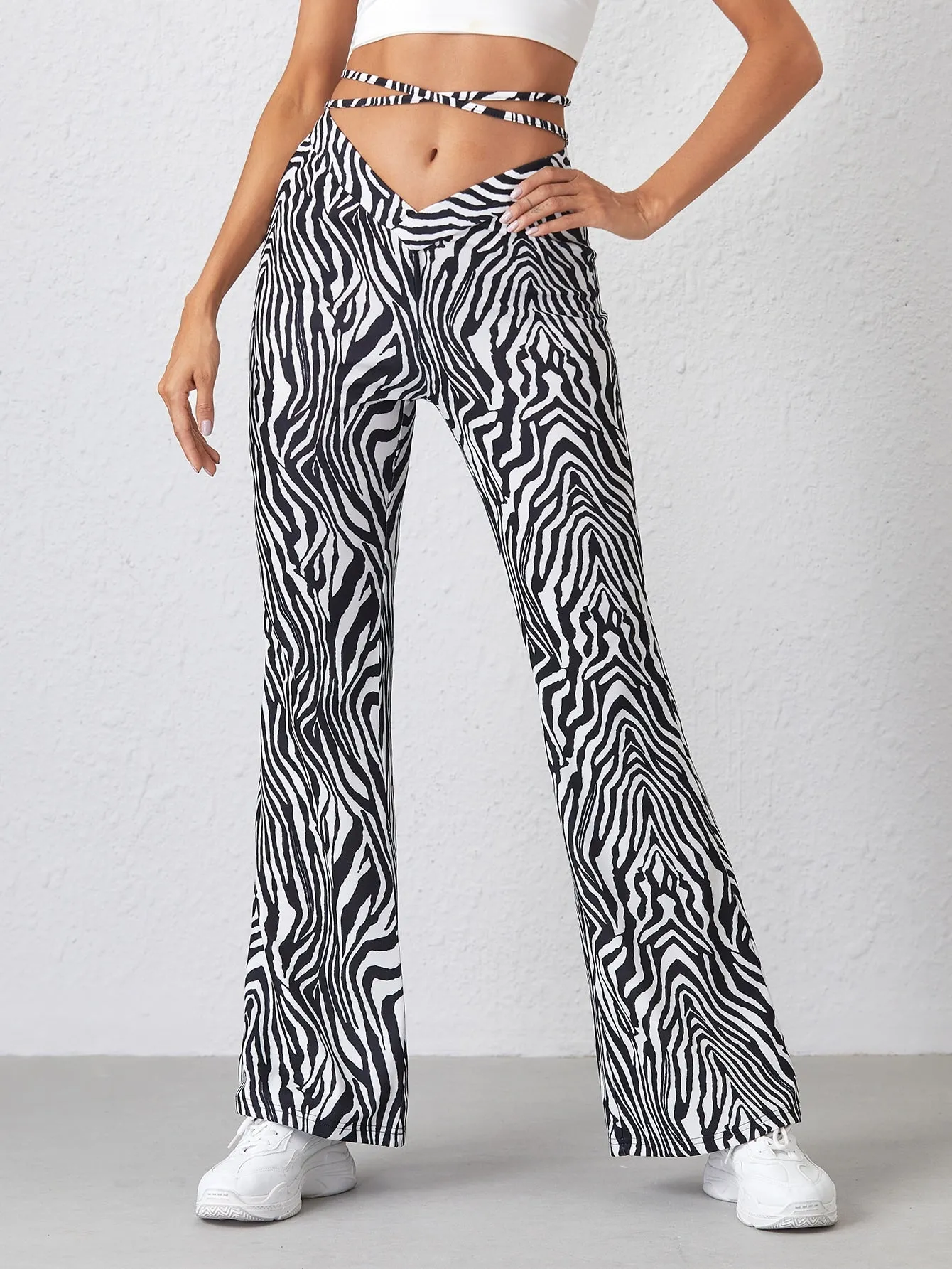 Casual Zebra Stripe Tie Back Drop Waist Long Women Pants