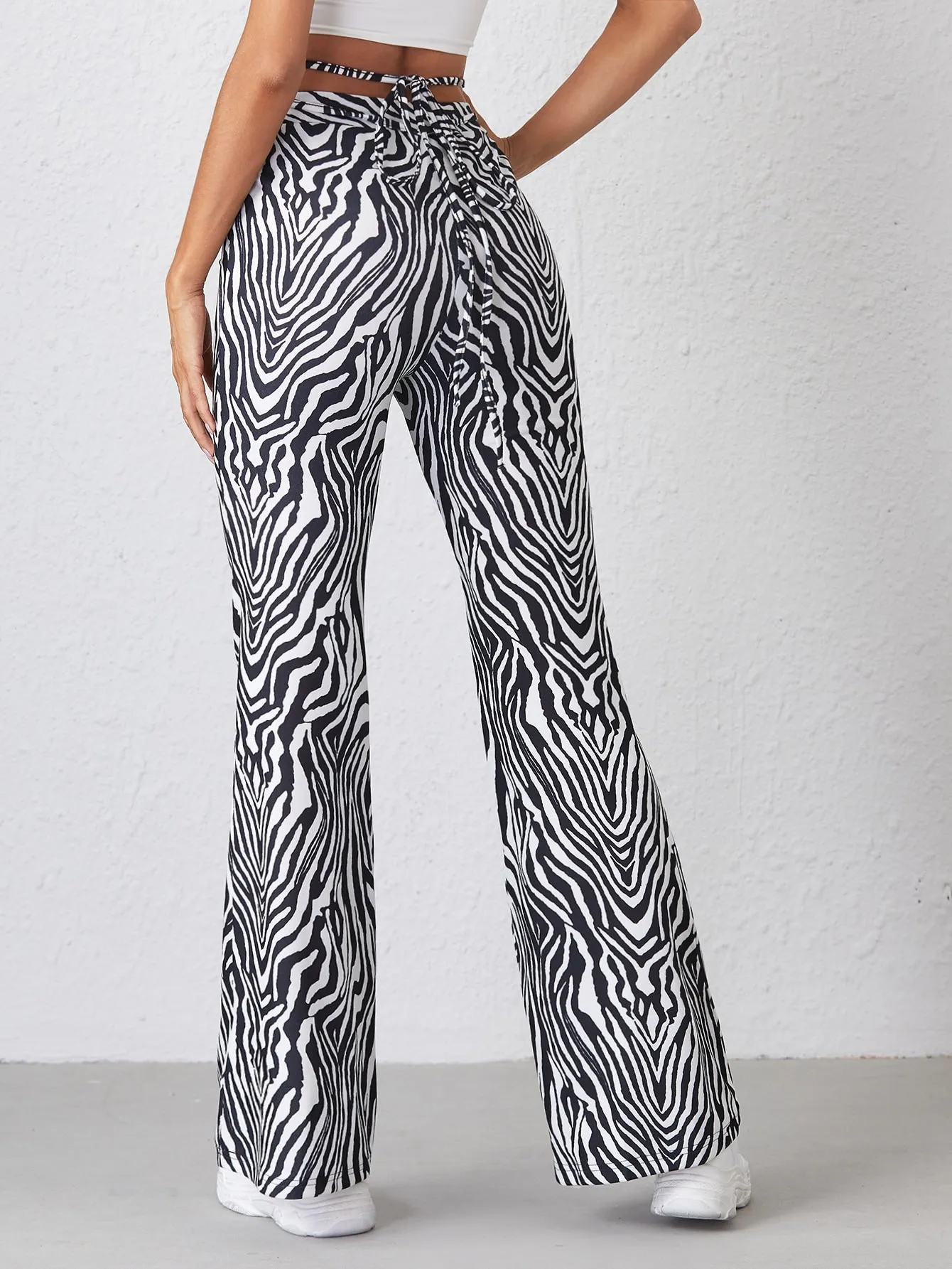 Casual Zebra Stripe Tie Back Drop Waist Long Women Pants