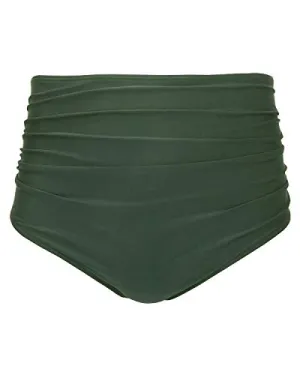 Comfortable Women High Waisted Bikini Bottom Retro Ruched Swim Short-Olive Green