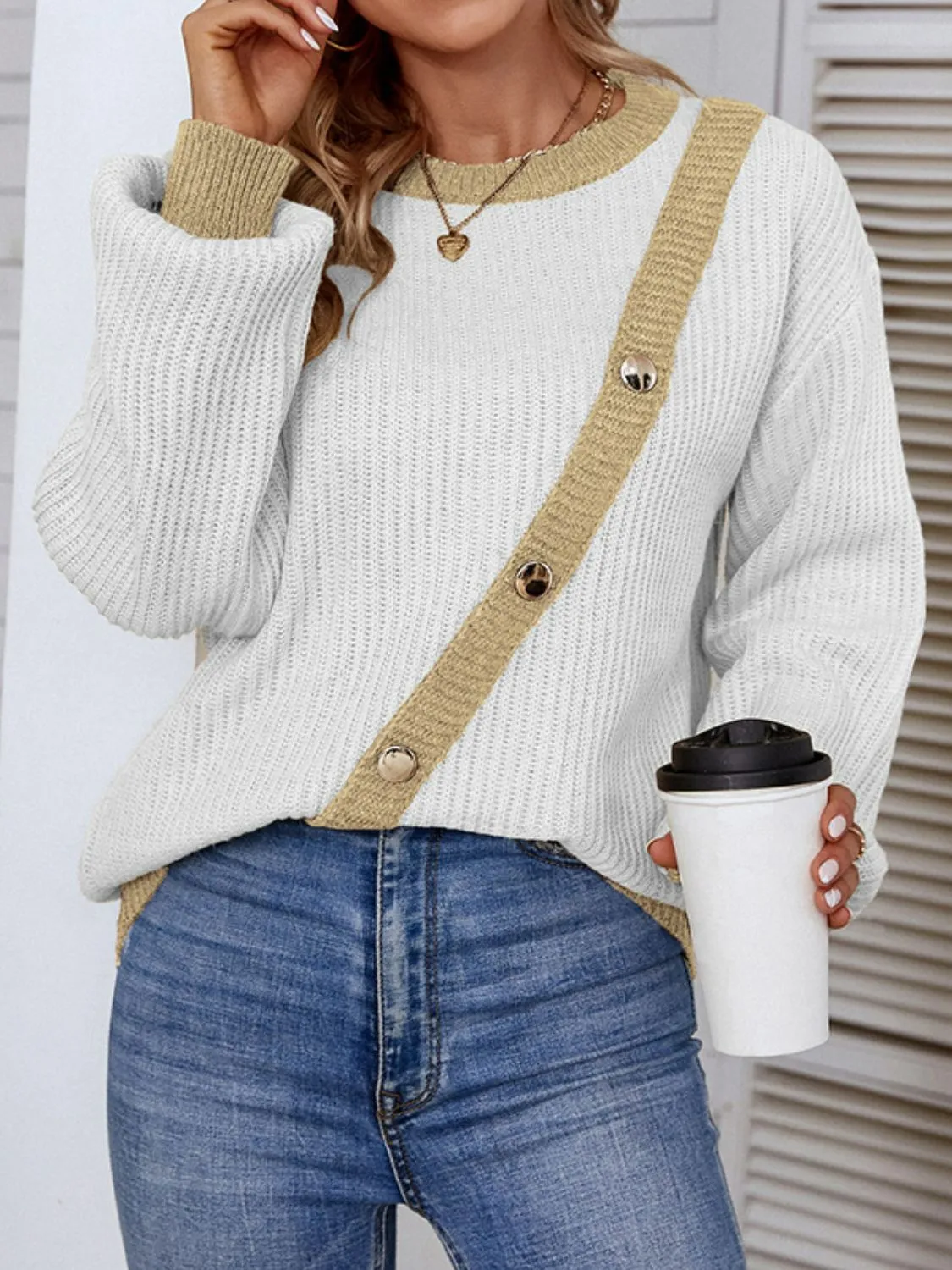 Contrast Button Detail Rib-Knit Sweater