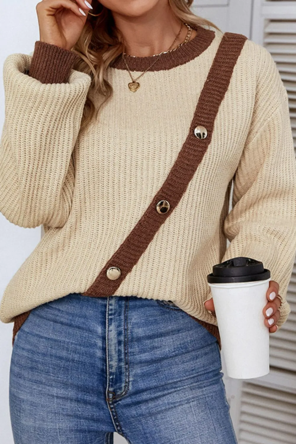 Contrast Button Detail Rib-Knit Sweater