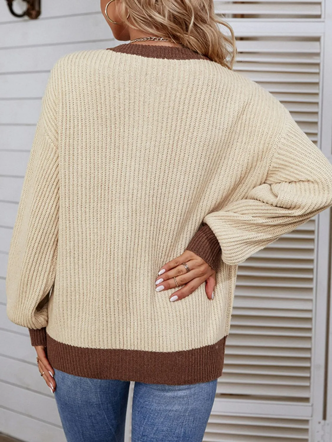 Contrast Button Detail Rib-Knit Sweater