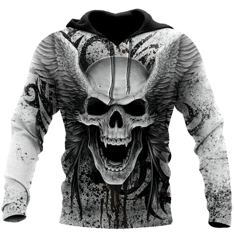 Crazy Skull With Angel Wings / Casual Men's Hoodies With Zip