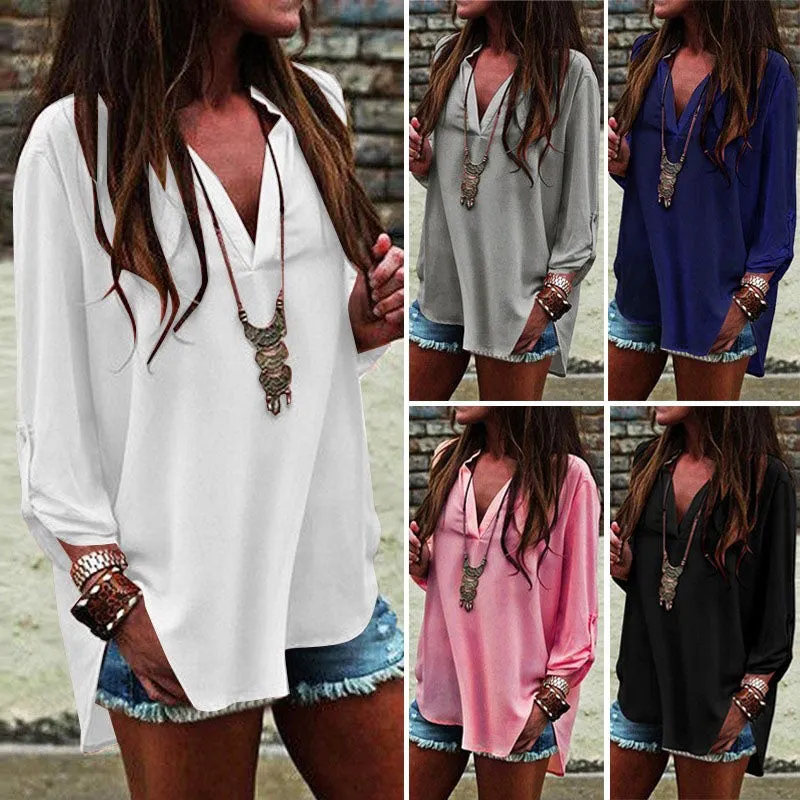 Deep V-neck Pure Color Long Sleeve Loose T-shirt