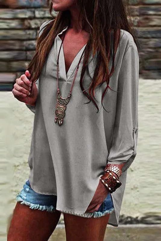 Deep V-neck Pure Color Long Sleeve Loose T-shirt