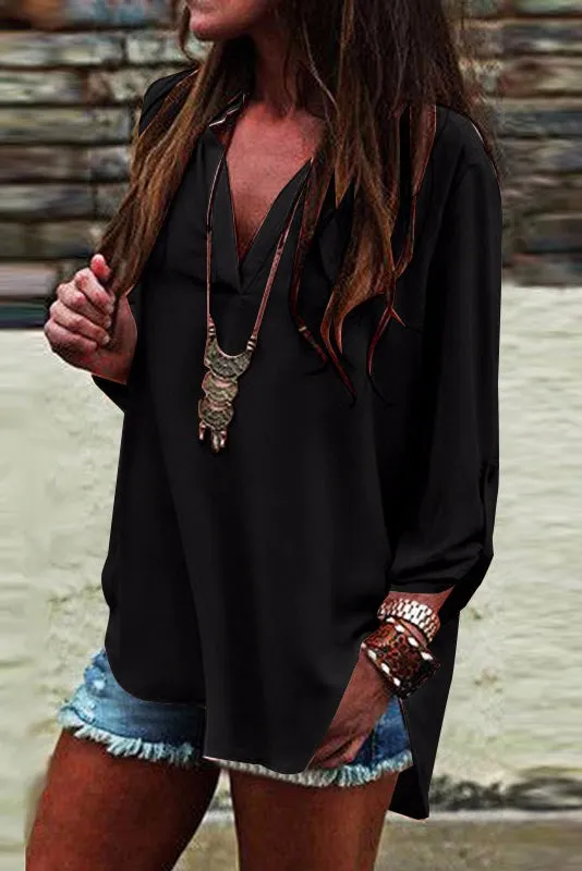 Deep V-neck Pure Color Long Sleeve Loose T-shirt