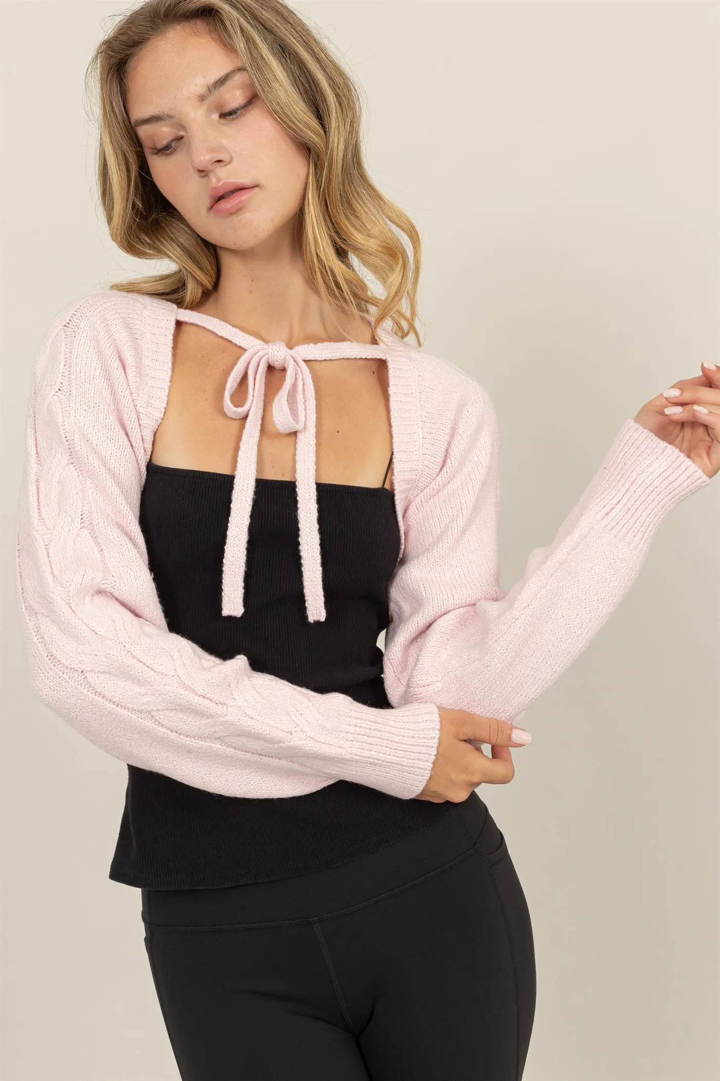 DZ24F560-Cable-knit Tie-front Shrug